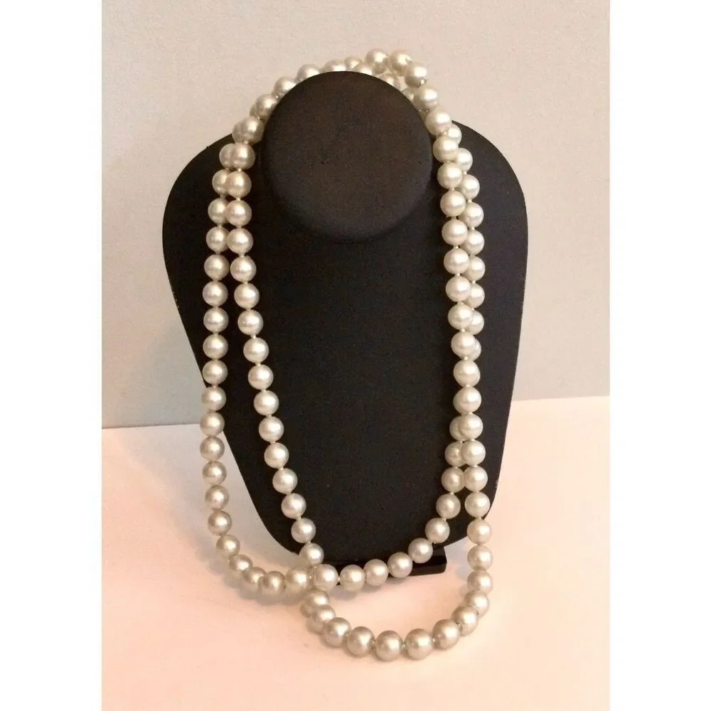 Vintage Womens White Single Strand Long Faux Pearl Bead Necklace Fashion Jewelry